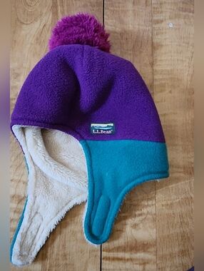 L.L. Bean Kids Purple & Teal Fleece Pom Hat with Cream Sherpa Lining